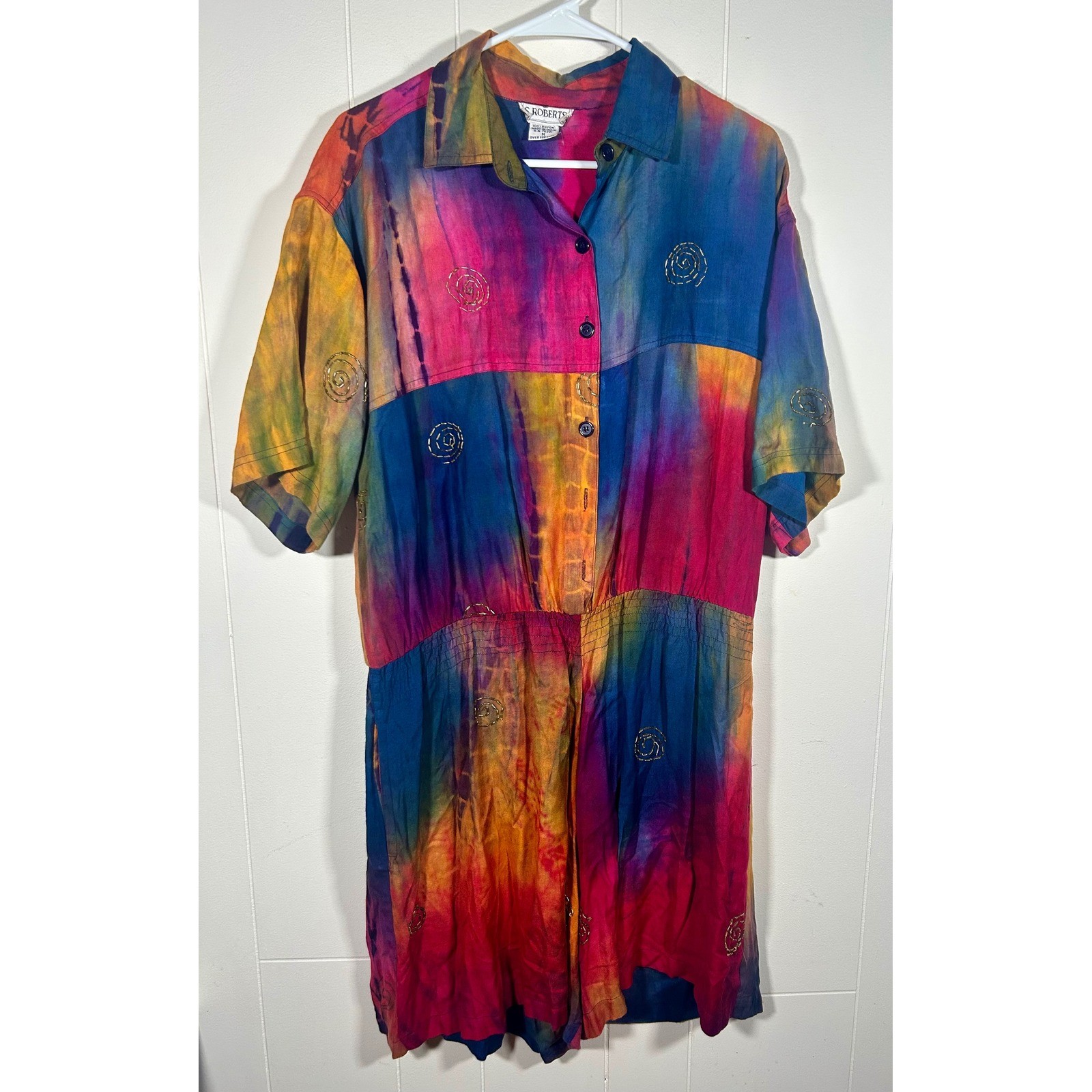 Vintage S Roberts Tie Dye Romper Womens Medium Rayon Embroidered Boho Festival