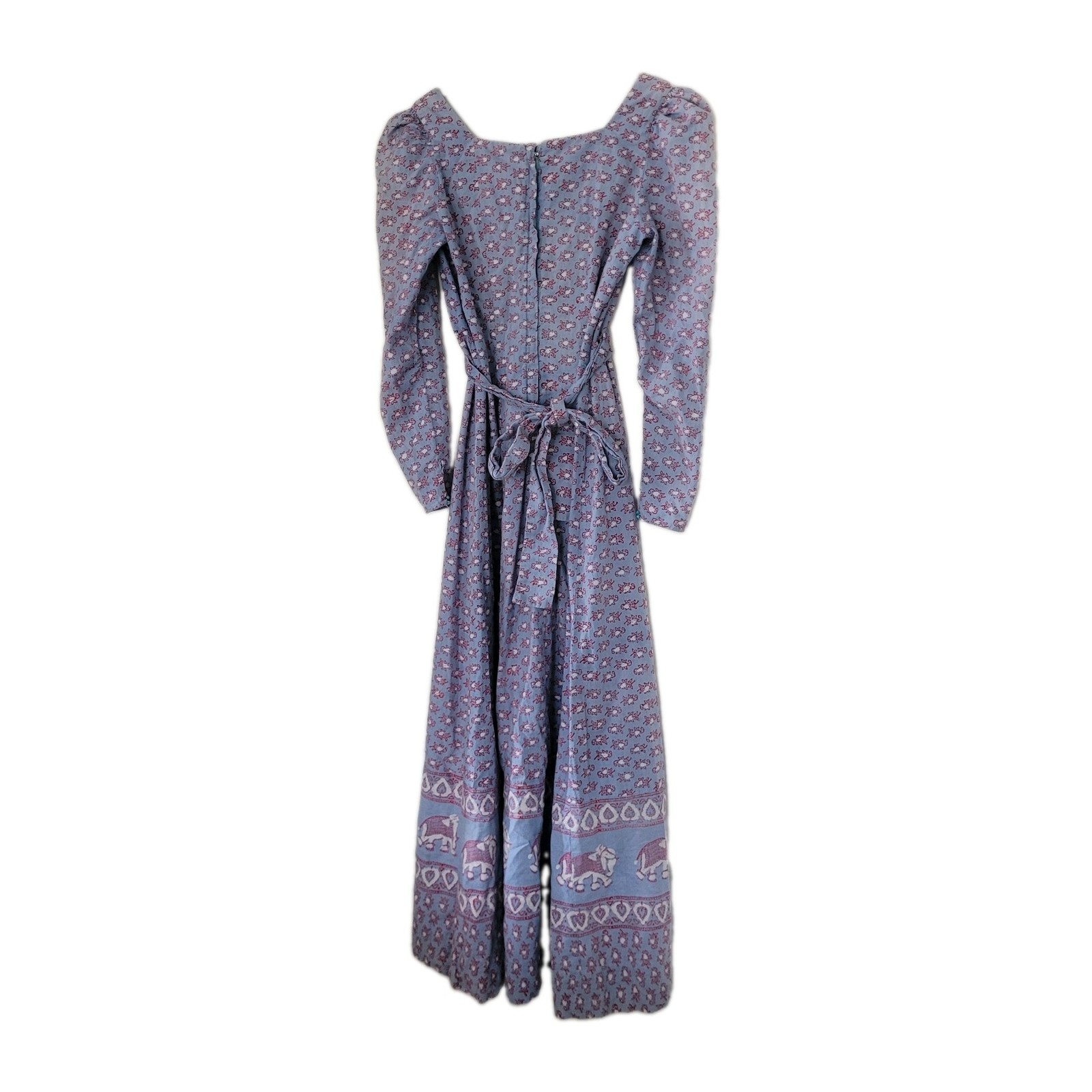 Vintage 1970s Indian Block Print Print Cotton Maxi Dress Elephants Boho Hippie M