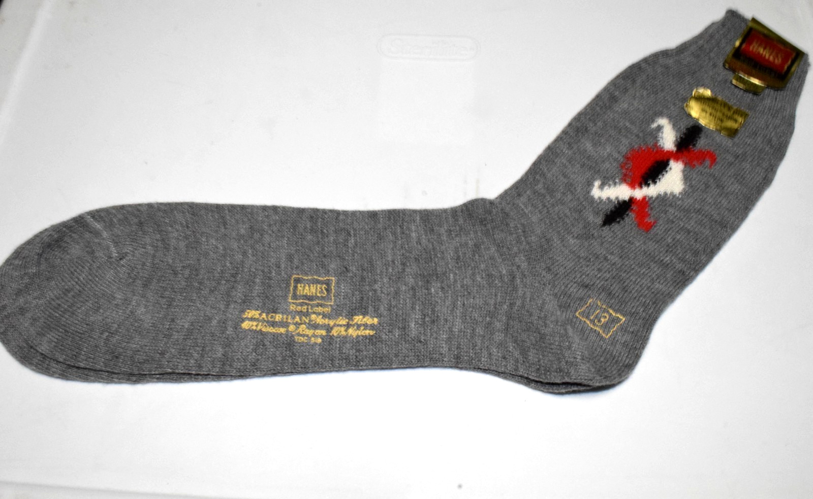 Argyle Socks VTG Hanes Red Label 60s Gray Red White Black Pole Argyle 11 x 9 NWT