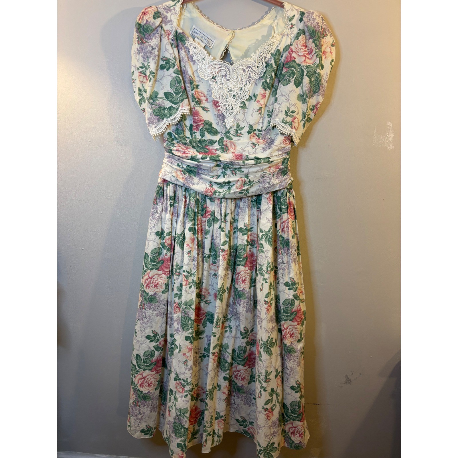 VTG Jessica McClintock Bridal Floral Puff Sleeve Midi Dress 12 Keyhole Back