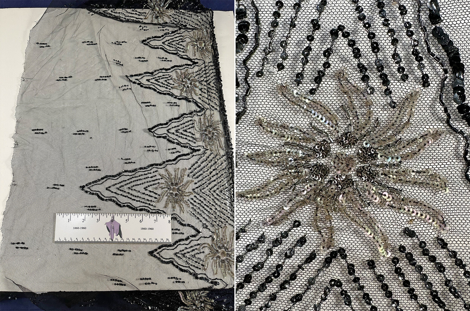 Edwardian Titanic Era Unused Black Net Silver Sequin Beaded Trim Skirt Fabric