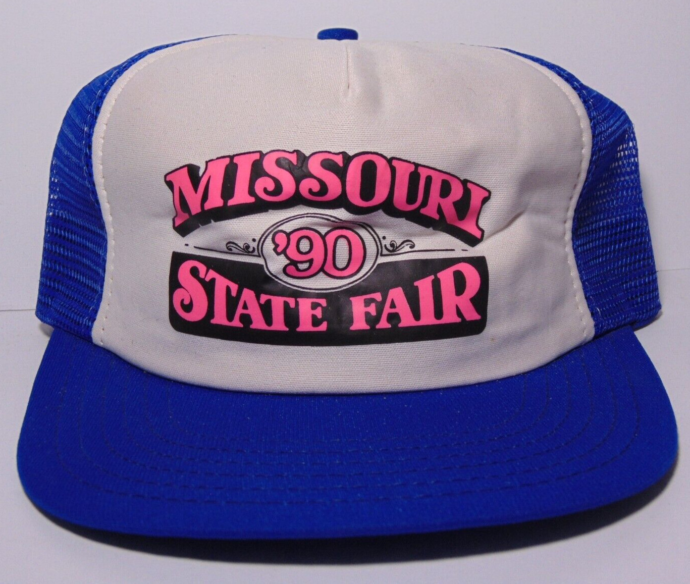 1990 New Vintage MISSOURI STATE FAIR BLUE NEON PINK SNAPBACK TRUCKER HAT CAP USA