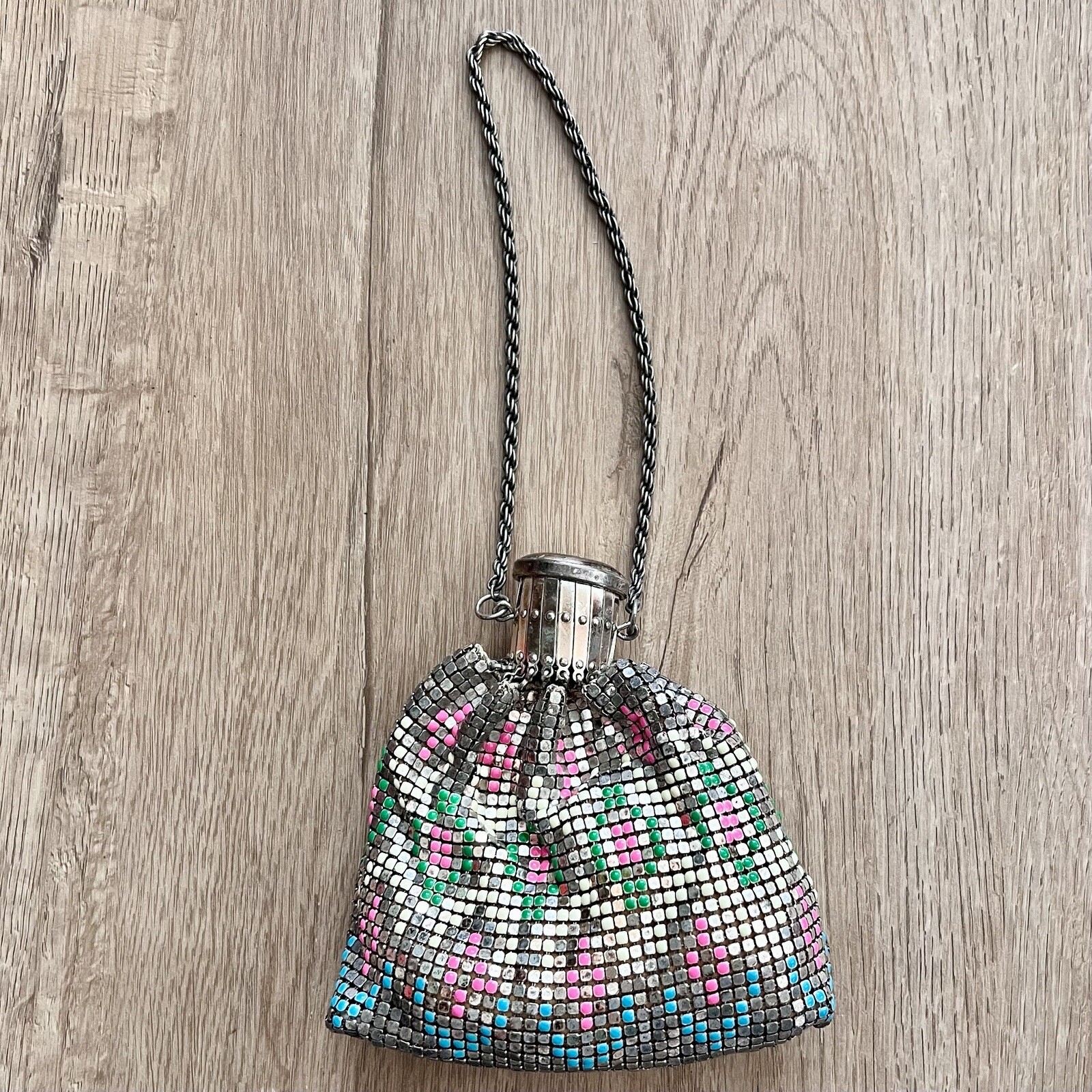 Vintage Guam USA Rainbow Color Mesh Metal Purse Evening Bag Excellent Gate Open