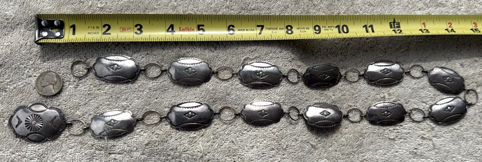 VINTAGE 2.8 OZ 30 INCH OVAL LINKS NAVAJO CONCHO SILVER BELT- AS PICTURED