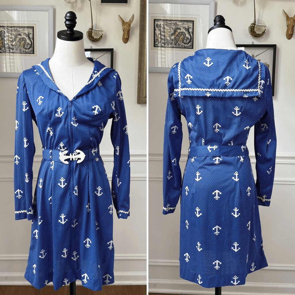 Vintage 70s House of She Ltd Zip Front Anchor Sailor Dress M