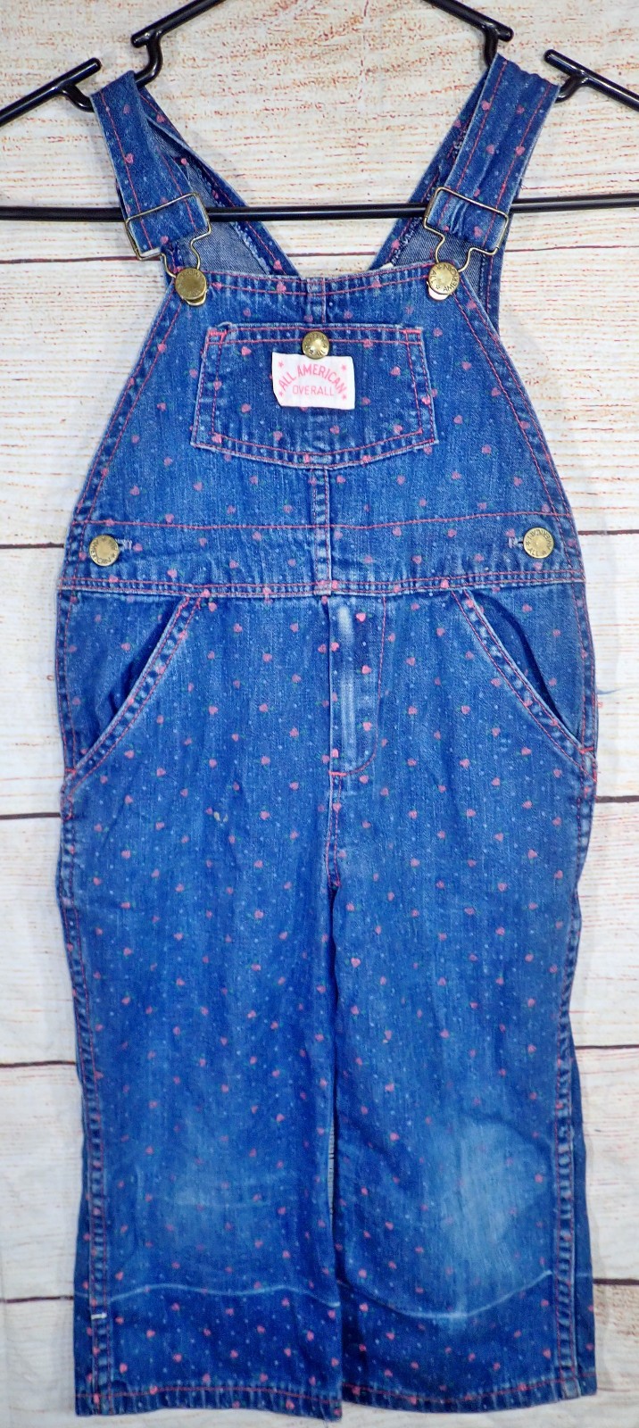Vintage Health-Tex Toddler Girls 4T Blue Denim Overalls Pink Hearts Bib Pants