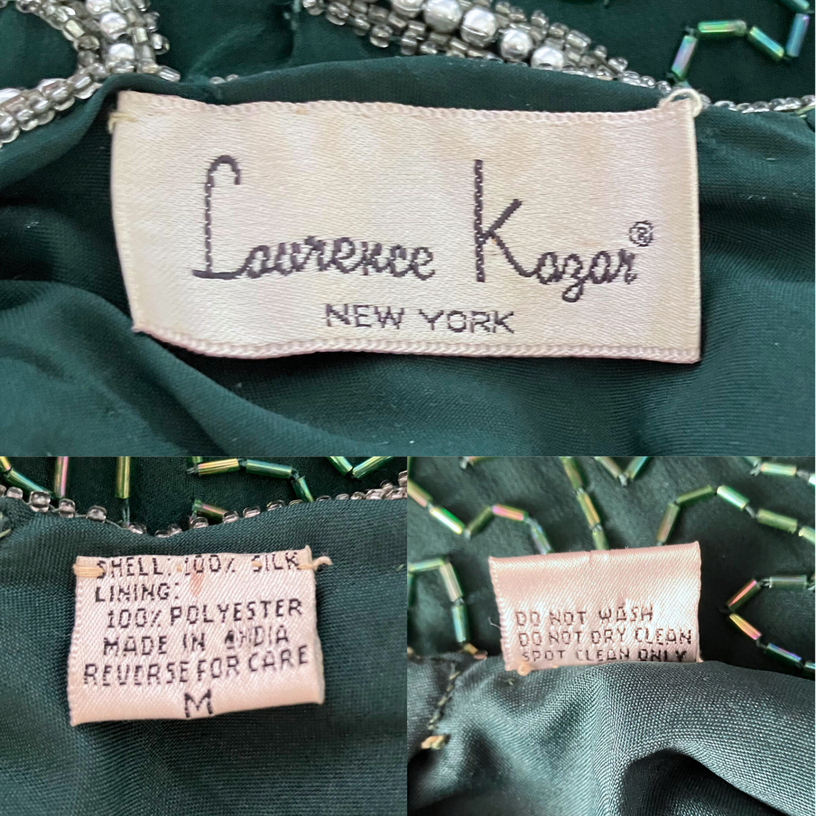 Vintage 90s 100% Silk Green Beaded Prom Dress S/M Golden Age Hollywood Glamour