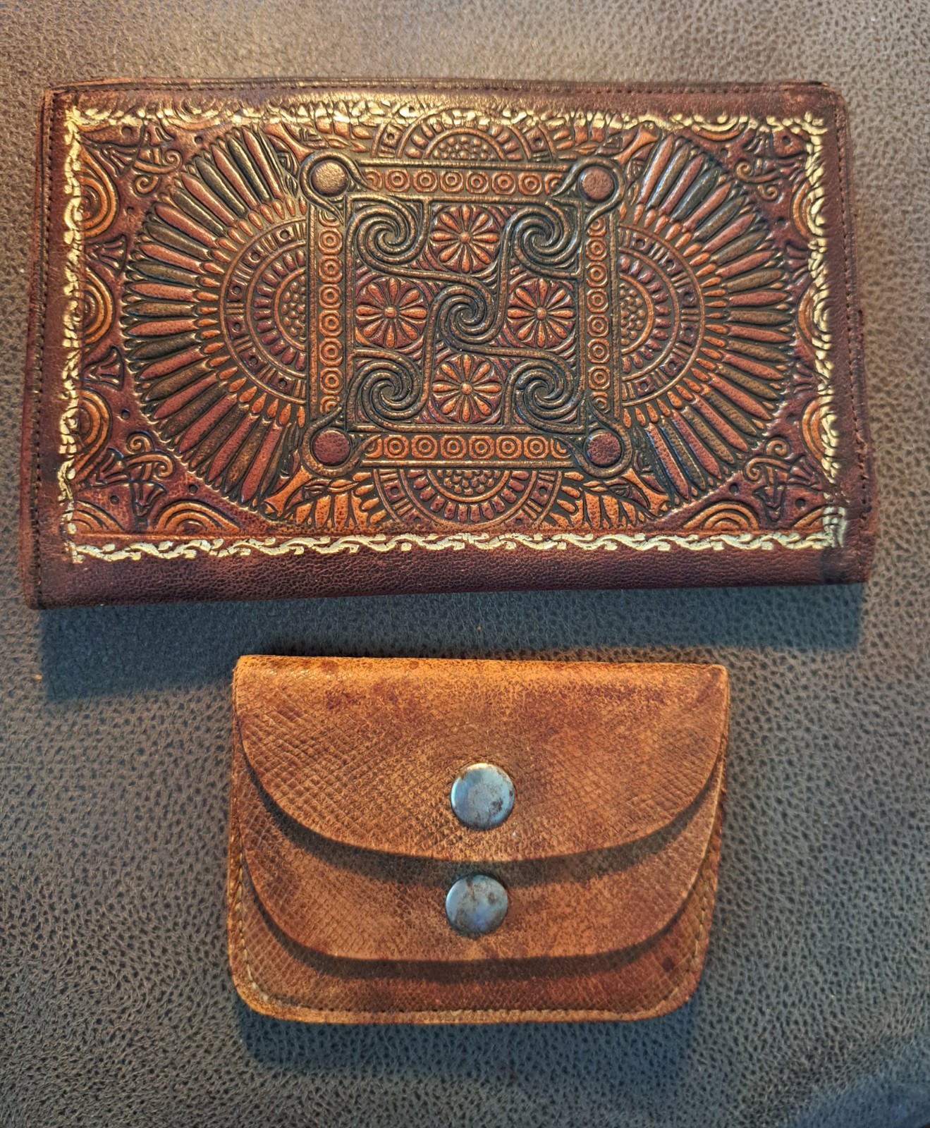Vtg Leather-1) Hand Tooled Fold Over Wallet Mosaic Pattern, 2) 2 Snap Coin Purse