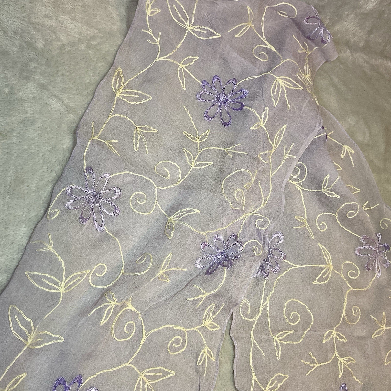 Vintage Berkshire Scarf Chiffon Rayon Lavender Purple Embroidered Floral 53 Long