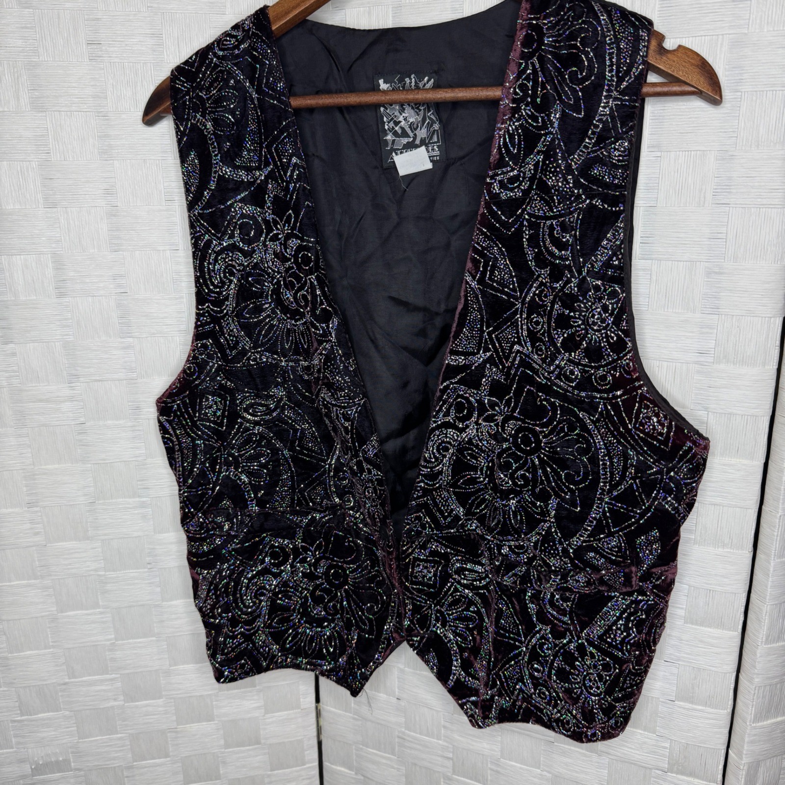 Attitudes Vintage Velvet Vest Iridescent Glitter Paisley Floral Black Plum M