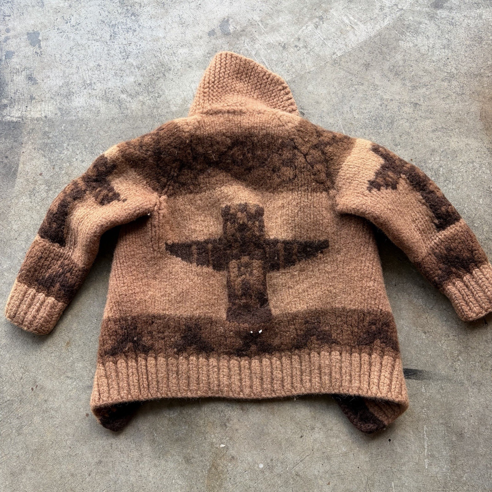 Vintage 50s 60s Kids Cowichan Sweater Cardigan Handmade Totem Pole Motif Button