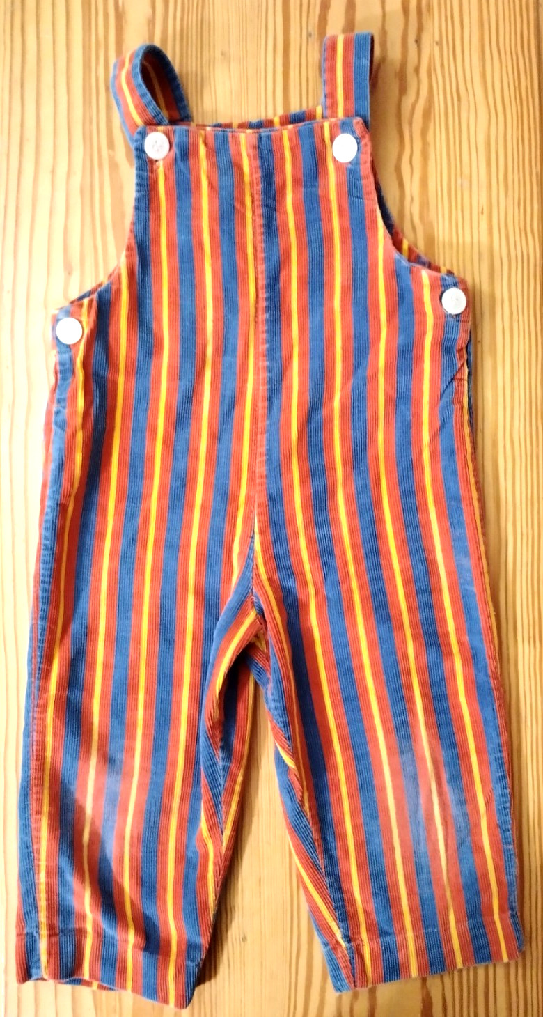 Vtg Health-tex Stantogs 2T Cotton Blue/Yellow/Red Striped Corduroy Overalls