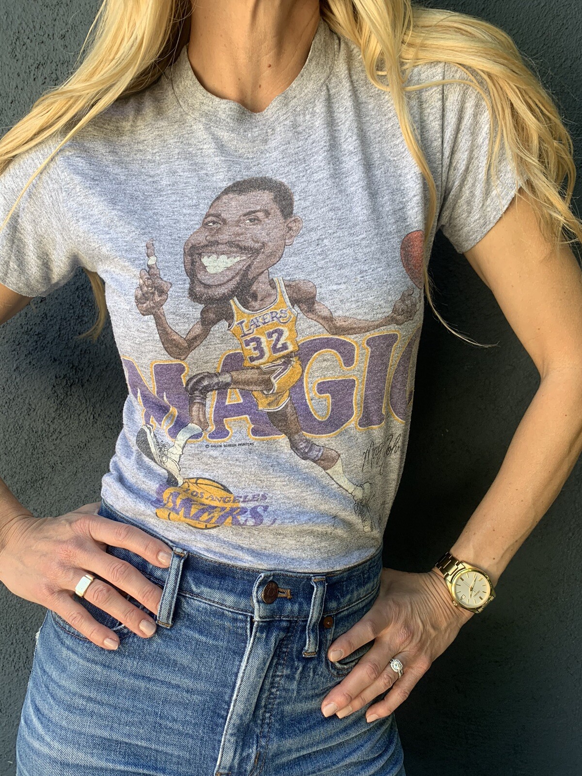 VINTAGE 80s LOS ANGELES L.A. LAKERS MAGIC JOHNSON CARTOON T-SHIRT ADULT SZ XS