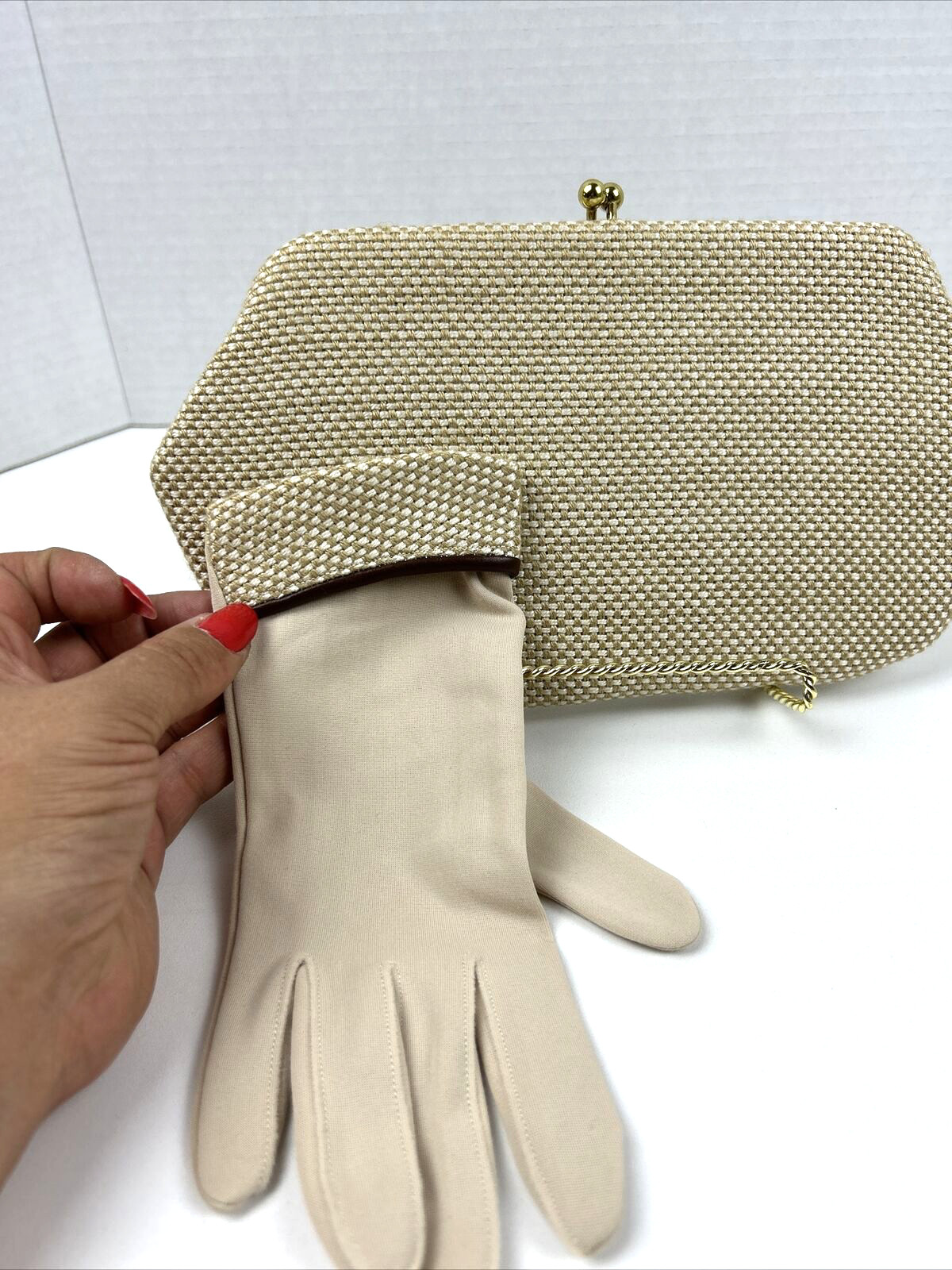 Clutch & Matching Gloves Size S Vintage Rare 40’s/50’s Fabric Weave Textured