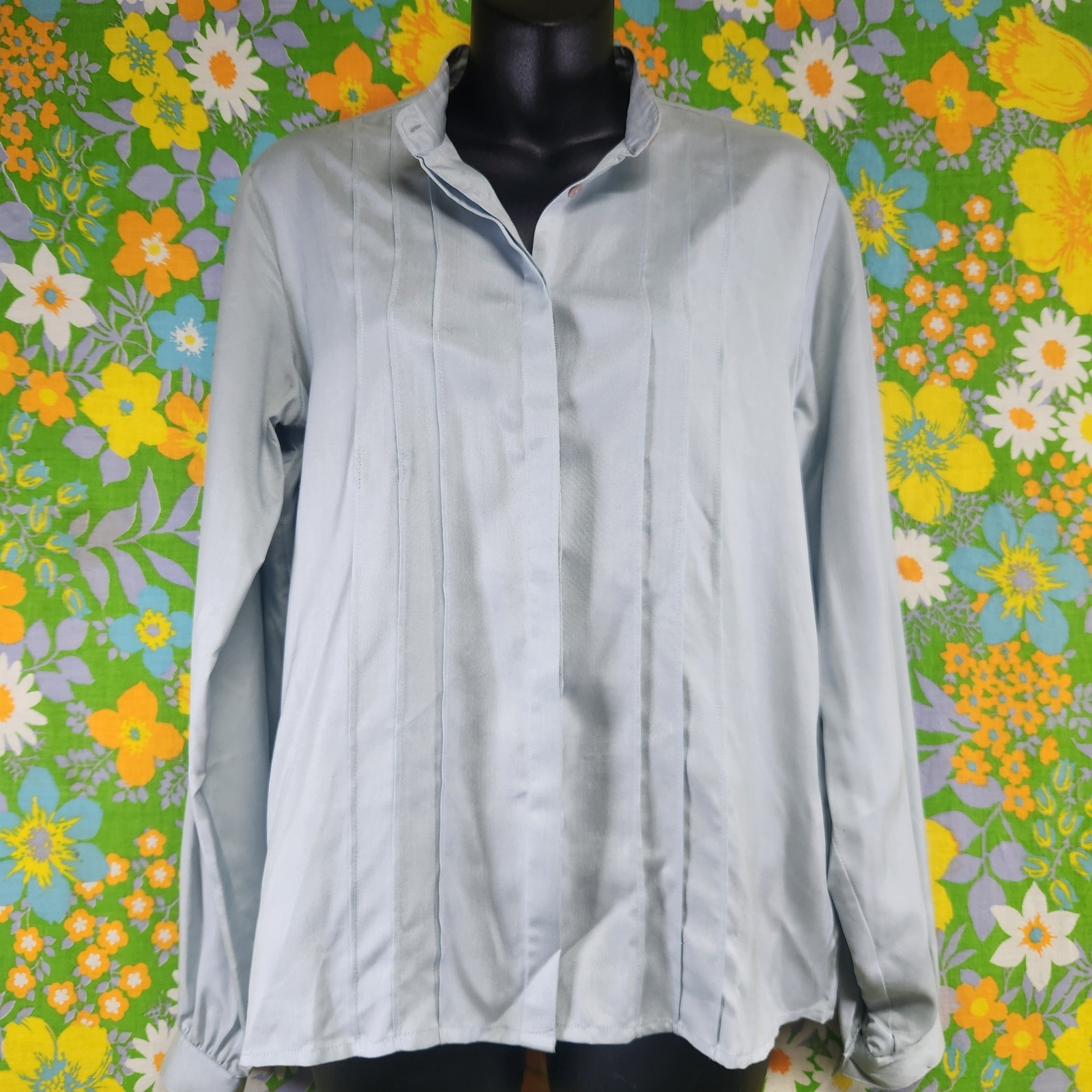 Bloomingdale’s Vintage 80s Pleated Soft Gray Silk Button Down Blouse