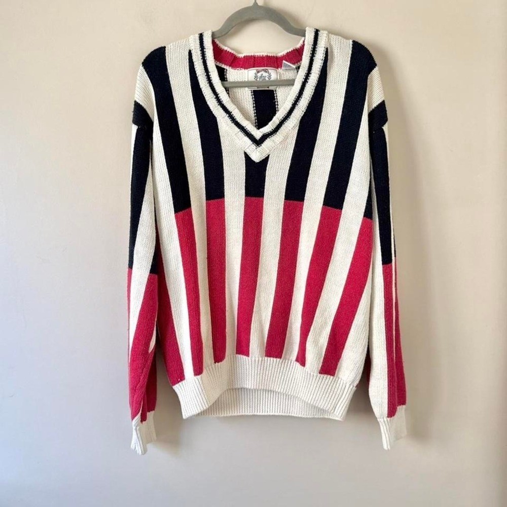Vintage Striped Navy Blue Red Sweater Fourth of July Flag
