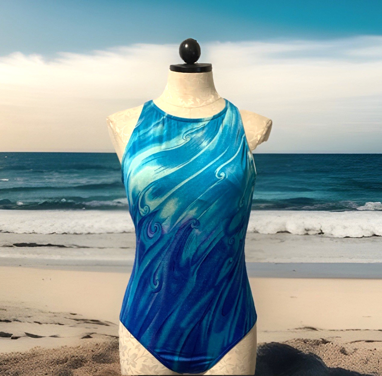 Swimsuit Jantzen One Piece Blue Turquoise Ombré Waves Print Sz 16 Vtg 90s USA