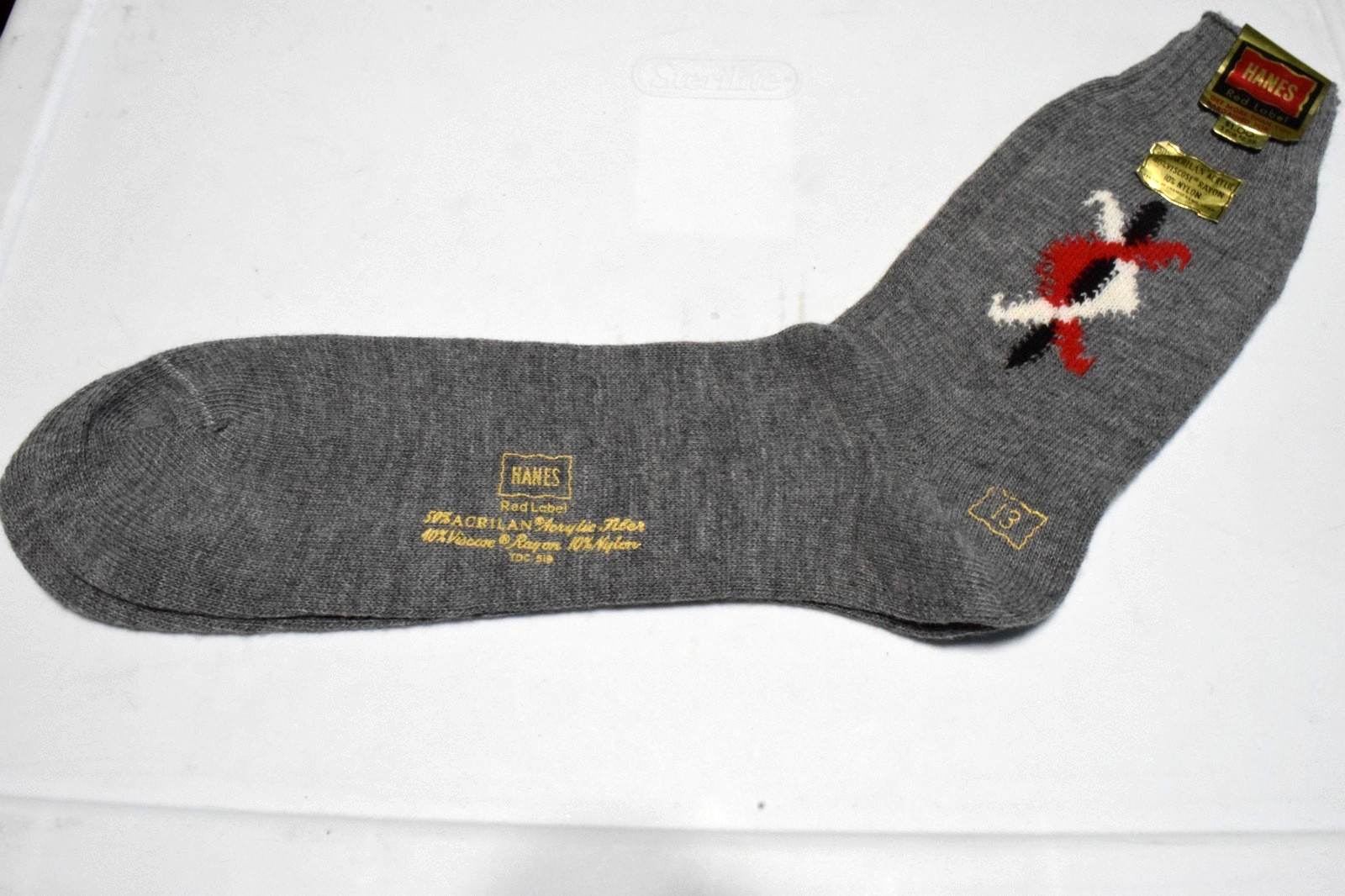 Argyle Socks VTG Hanes Red Label 60s Gray Red White Black Pole Argyle 11 x 9 NWT