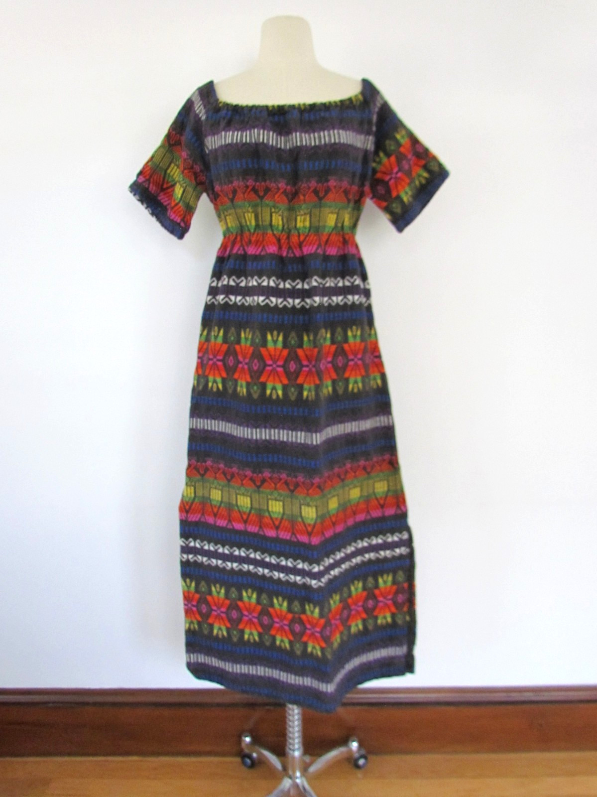 VTG 70s Guatemalan Huipil Maxi Dress Hand Woven Embroidered Boho Folk Art M L
