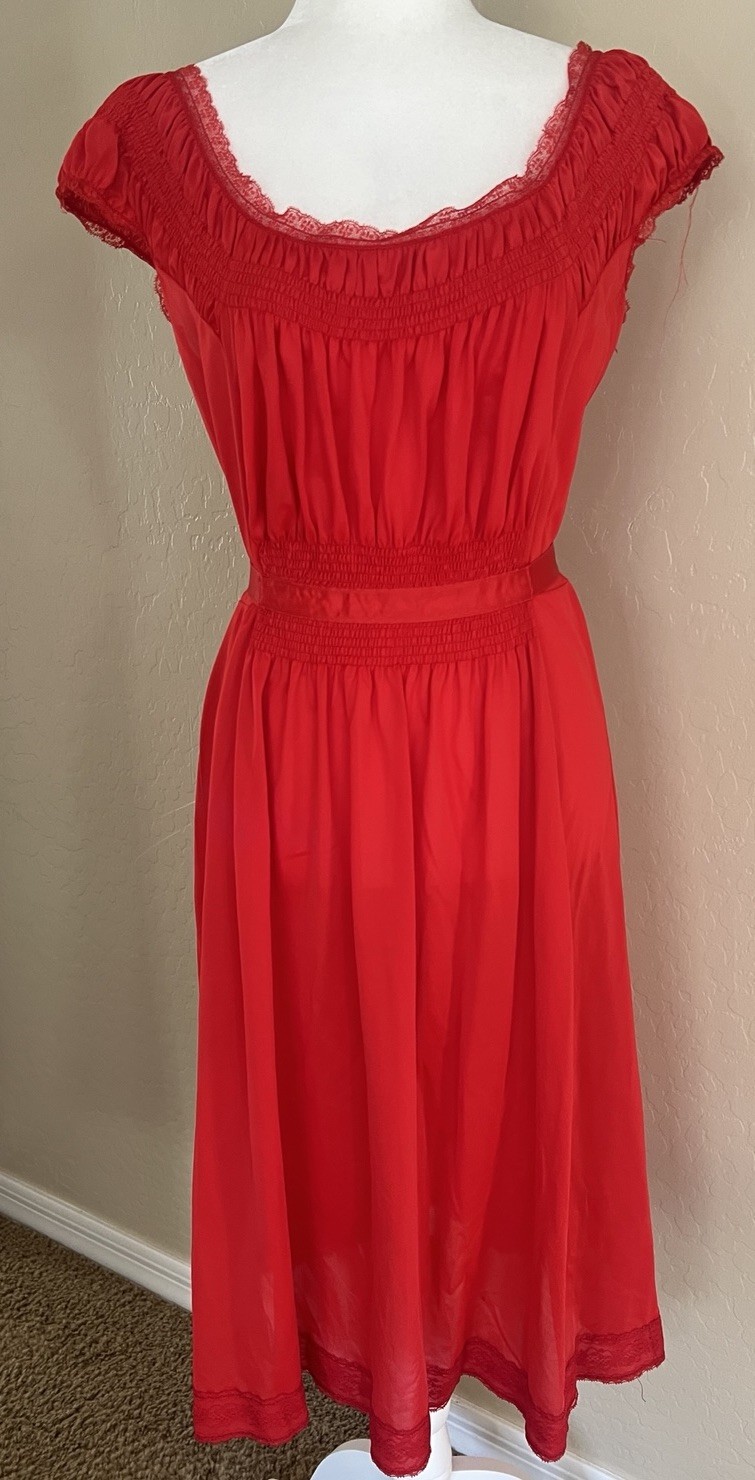 Vintage 50s Artemis Ruched Lace Nightgown Siren Red SZ 38 Med Belted Cap Sleeve