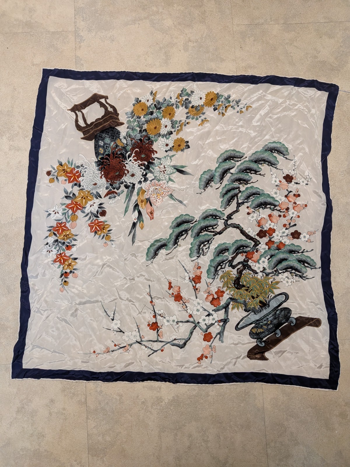VTG Bonsai Tree Dragon Vase Silk 29 1/2 x 30 Square Scarf Floral Wine
