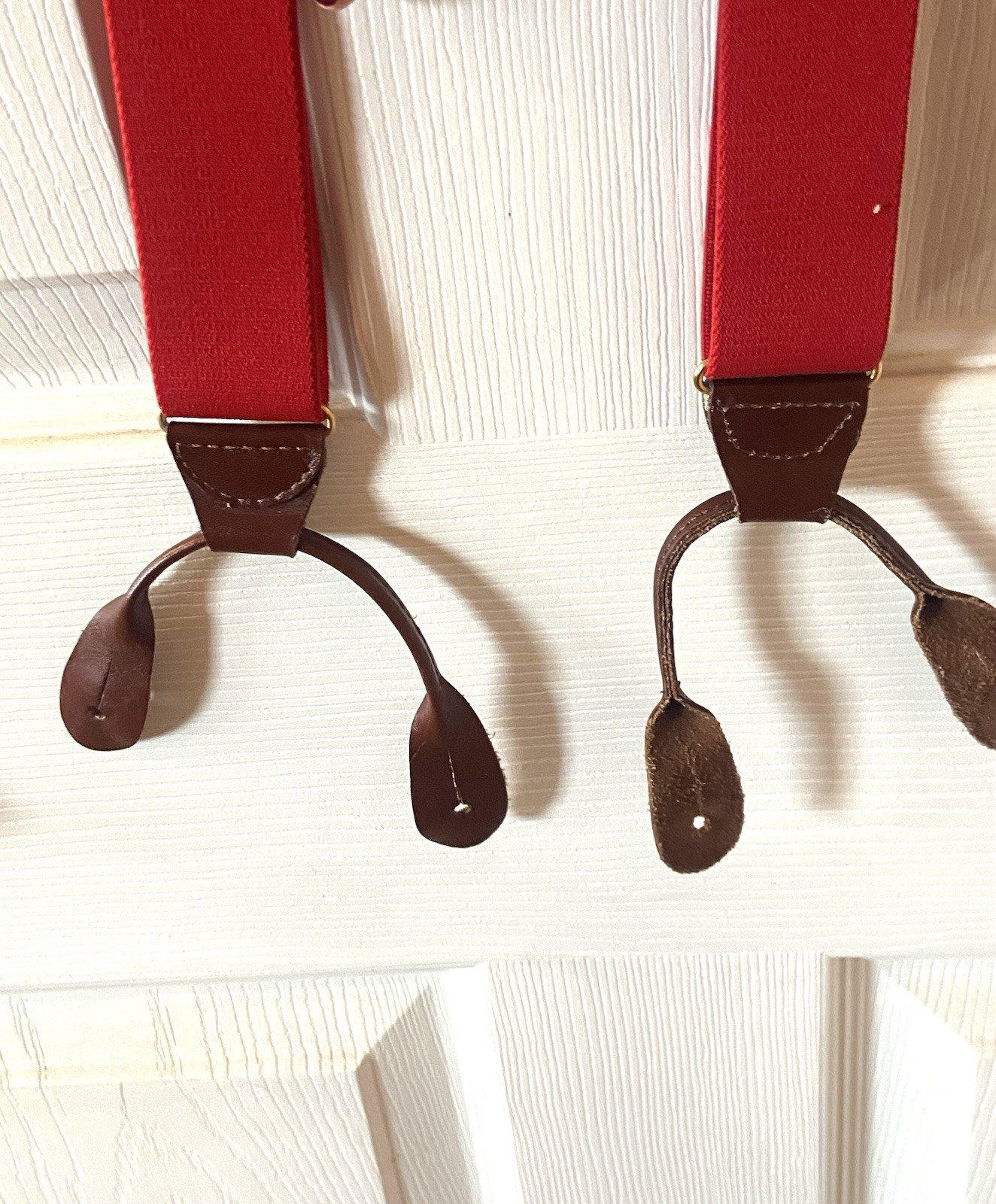 Vintage CAS West Germany Red Elastic Brown Leather Button Loop Y-Back Suspenders