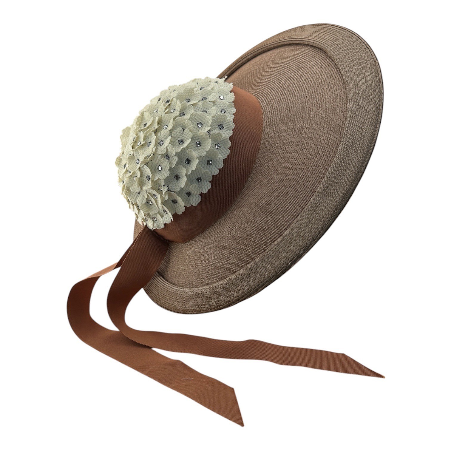 Vintage 1950s Titche-Goettinger Flower Bubble Hat Rhinestones Wide Brim Brown 22