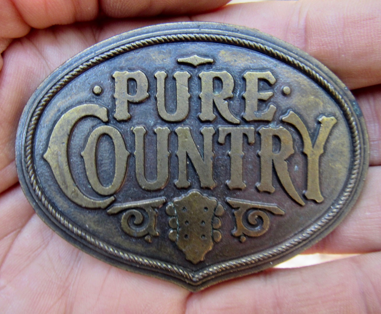 Vtg PURE COUNTRY Belt Buckle 1992 George Strait Album ART Country Music RARE VG+
