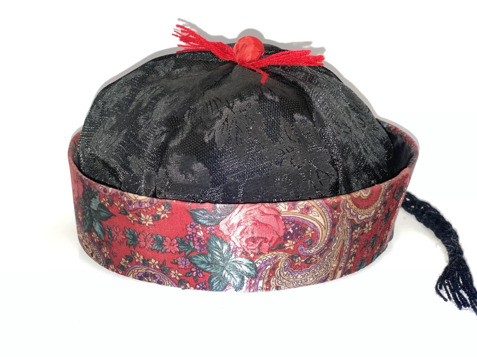 Vintage Oriental Asian Chinese Silk Hat With Braid Roses Paisley Pink Maroon