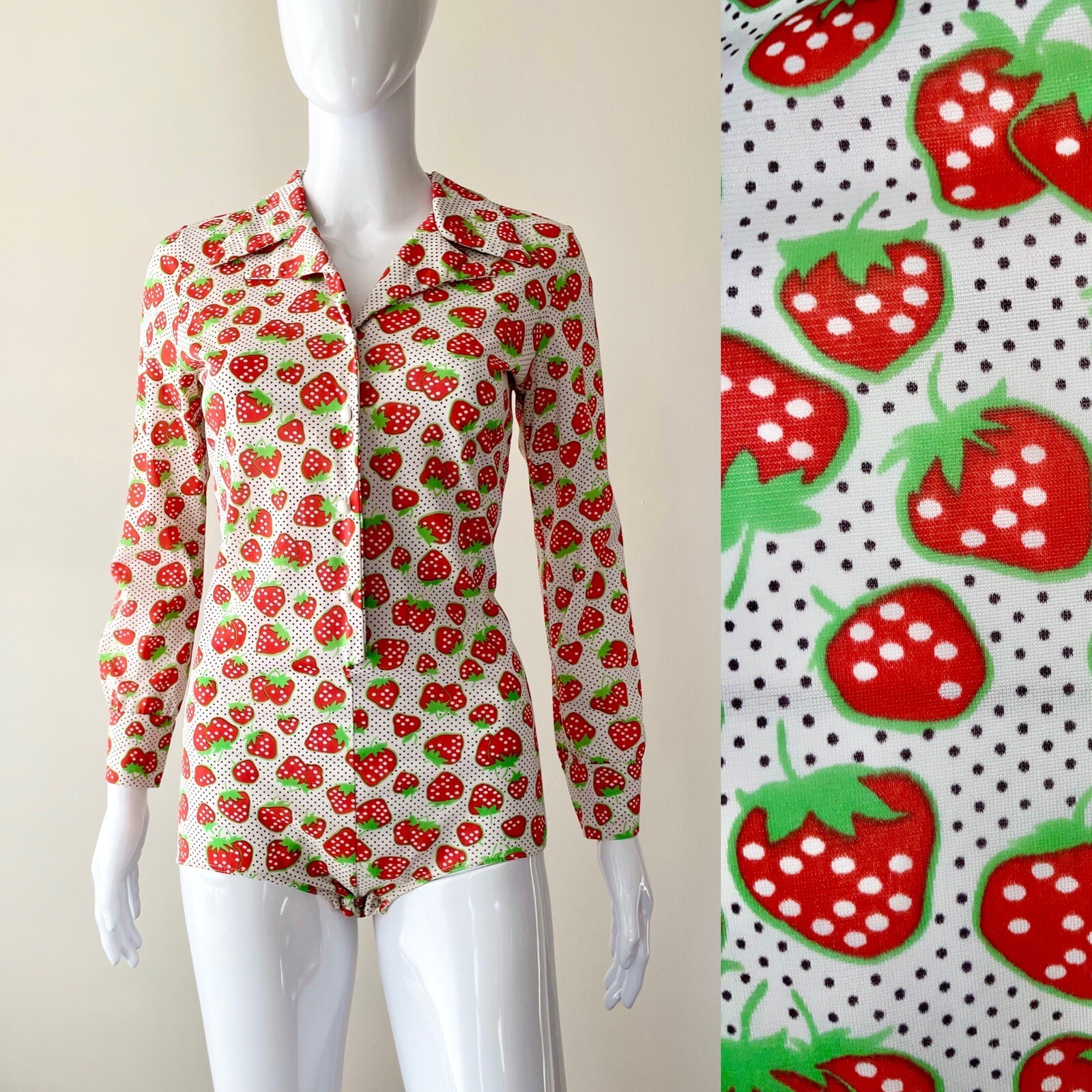Vintage S M 70s Strawberry Novelty Print Bodysuit Shirt Top Dagger Collar VGUC