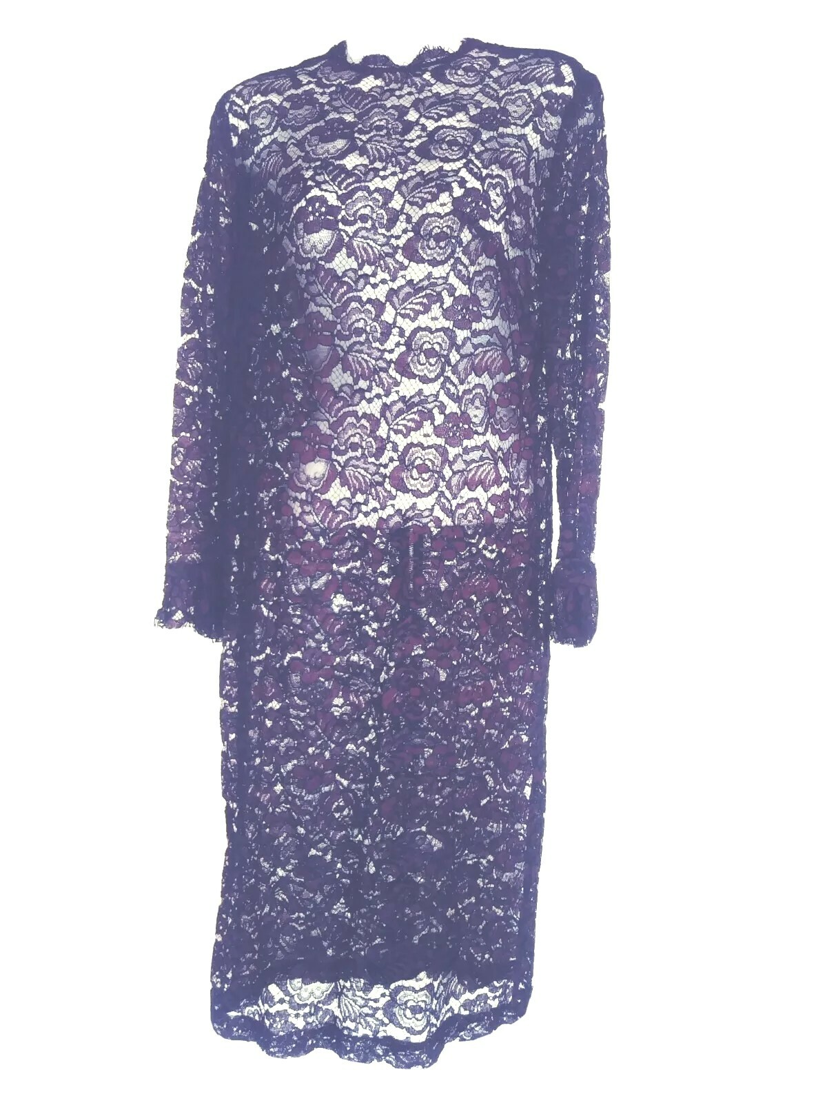 1950s. Black burgundy Lace Rose Sheer Lace Dress Black Brown meds