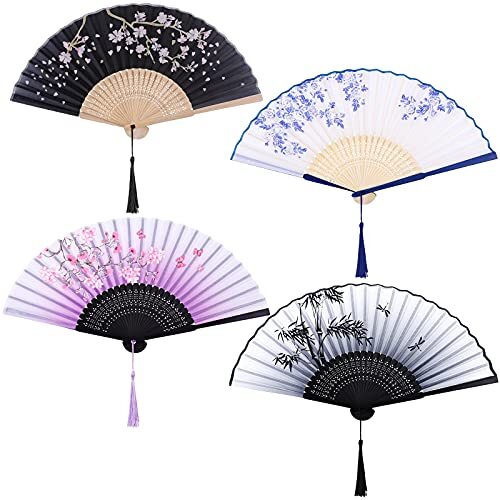 Paquete de 4 abanicos plegables de bambú para mujeres y niñas