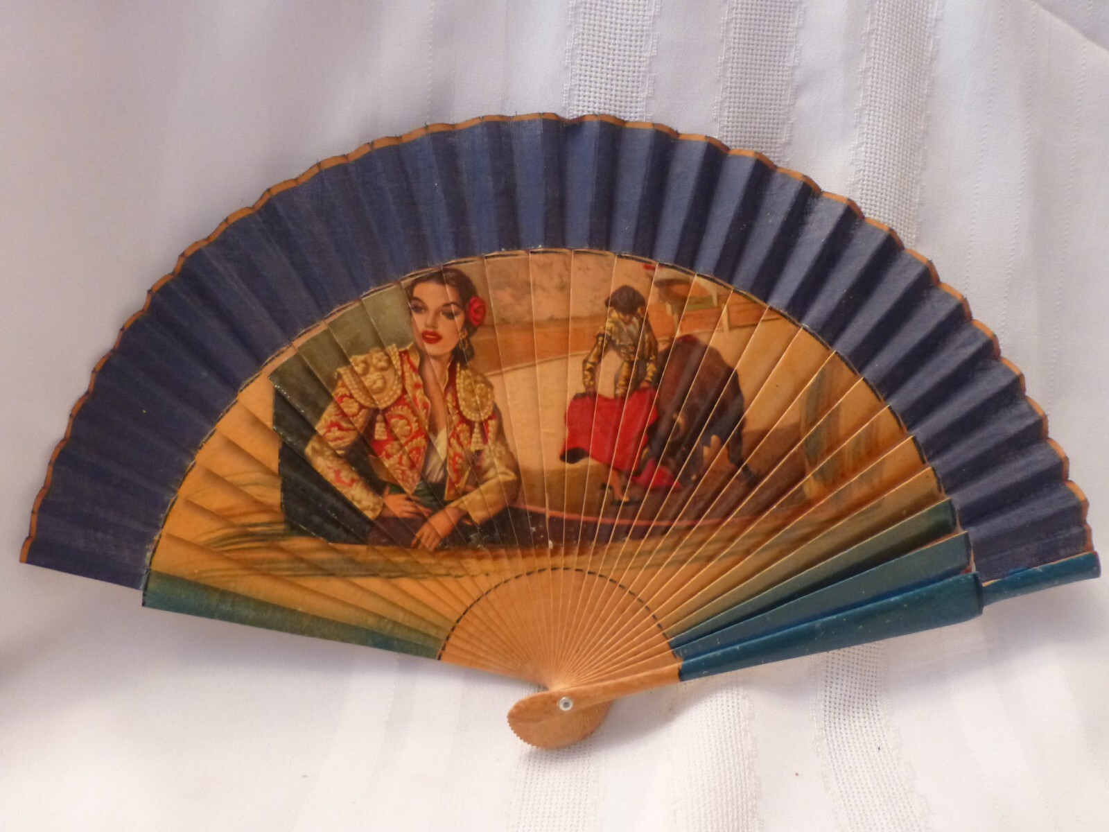 Vintage Made in Spain Wooden Fan, Senorita & Matador w/Bull, Dark Green Trim