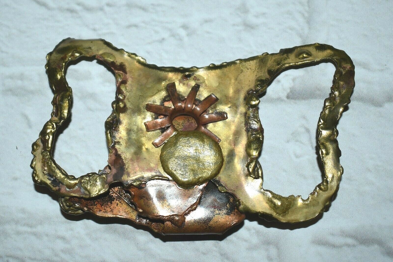 Vintage CARVALHU’s Modernist Brutalist Belt Buckle Brass Amethyst Quartz Large