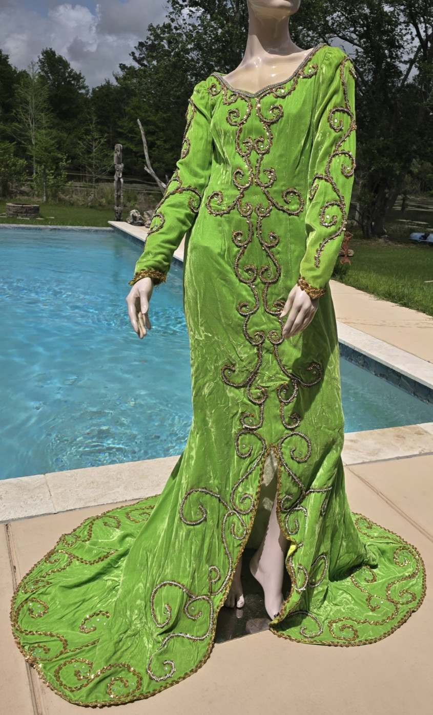 Vintage 1960s Velvet Beaded Dress Gown Handmade Green