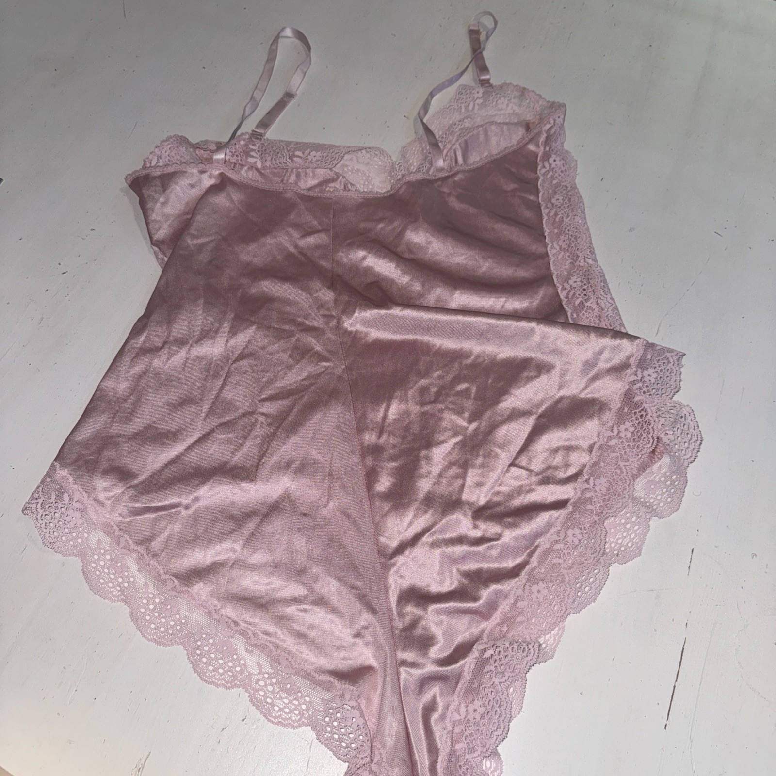 Vintage Warner’s Lacies Pink Satin Lace Teddy Bodysuit Size Medium USA Made