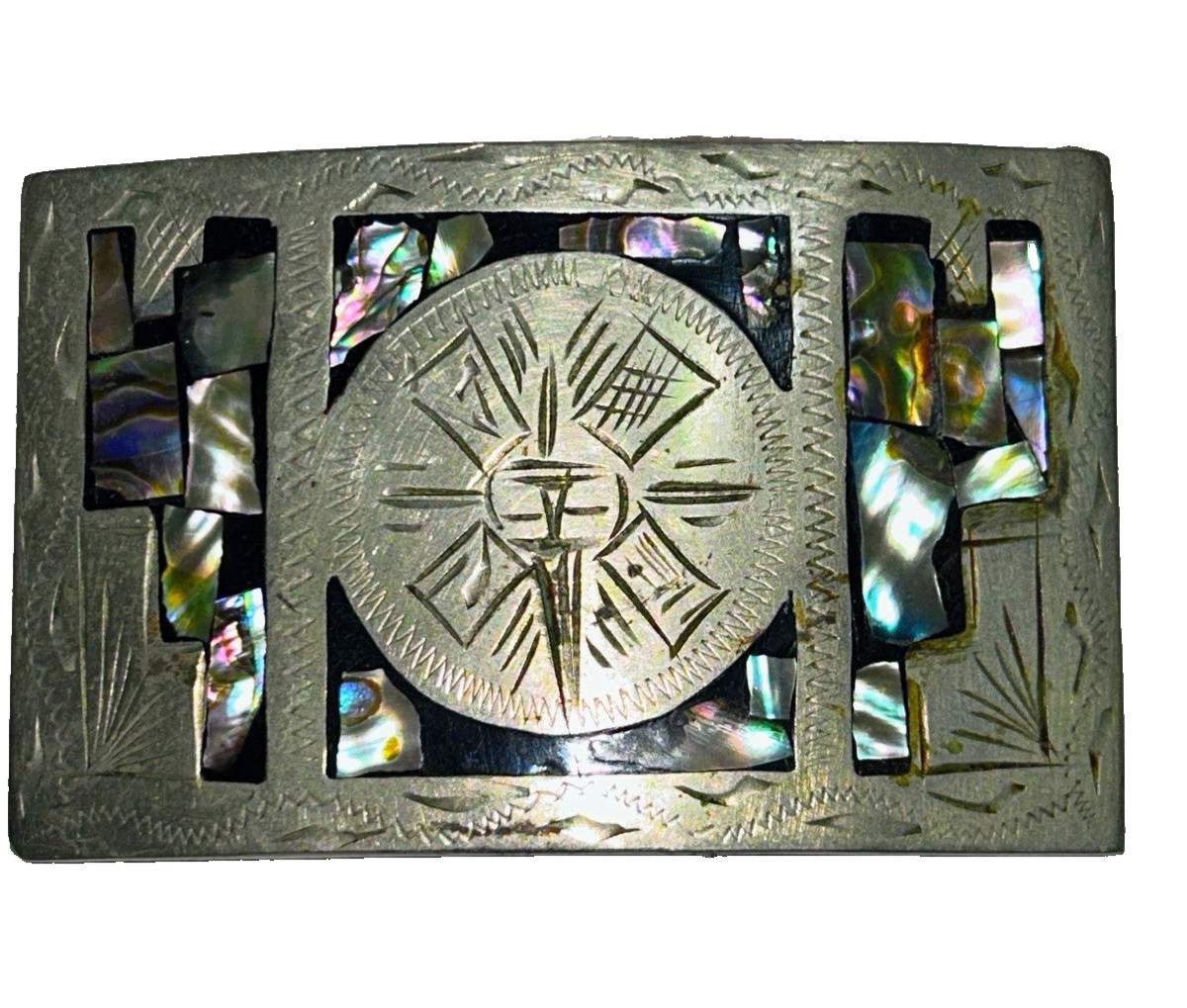 Vintage Abalone Shell Mosaic Inlay Silver Tone Metal Belt Buckle Branded Mexico