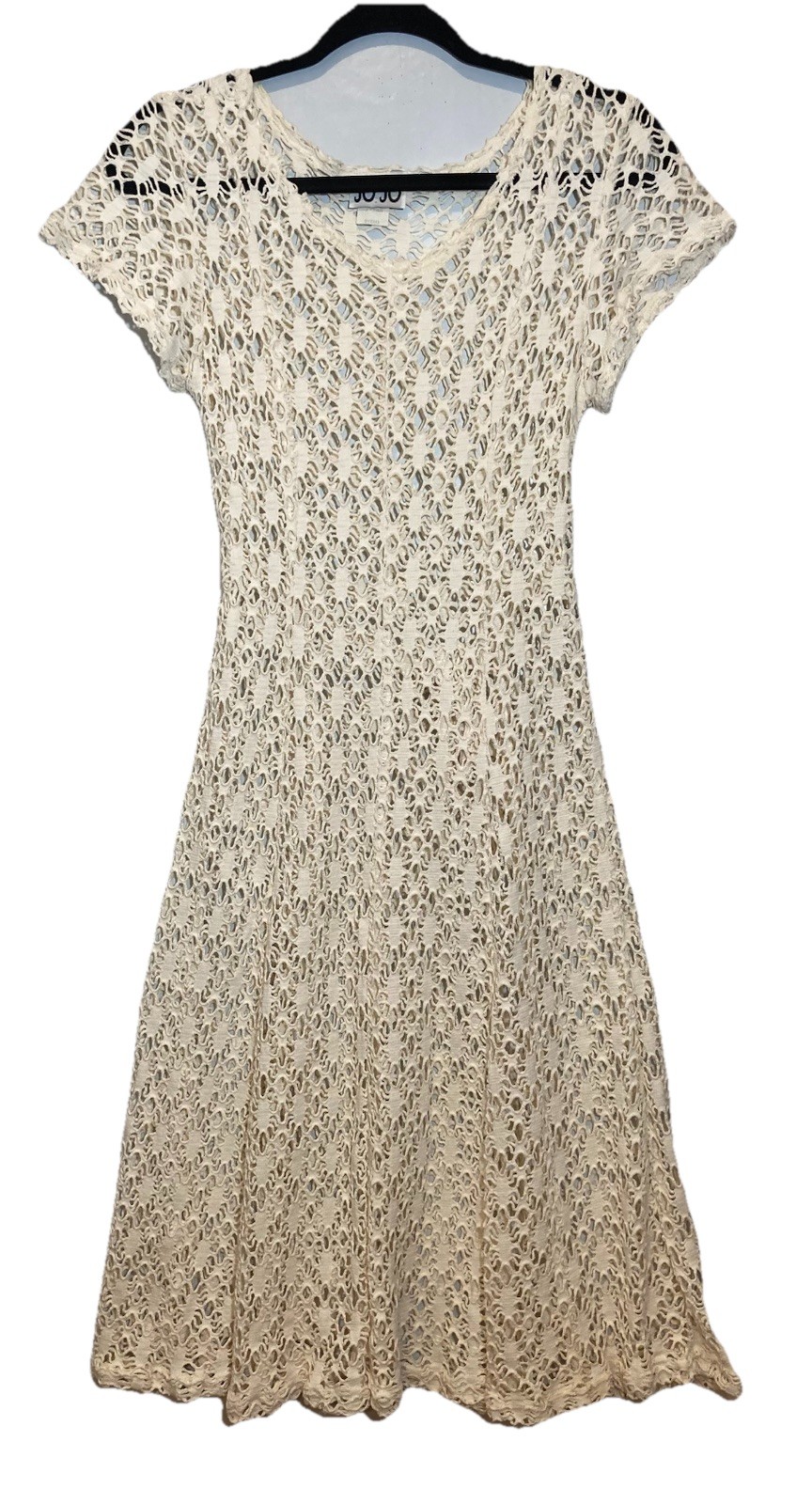 Vintage Jo Jo Ivory Crochet Midi Dress Size S Cottagecore Boho Tie Waist Cotton