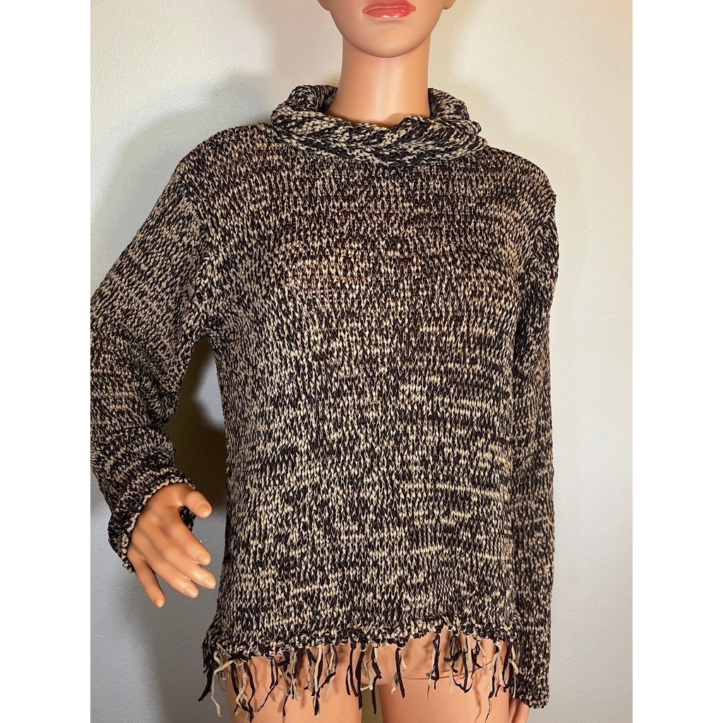 Vintage Sweater Ribbon Knit Cowl Neck Fringe Hem Brown Tan Artwear Boho Rustic