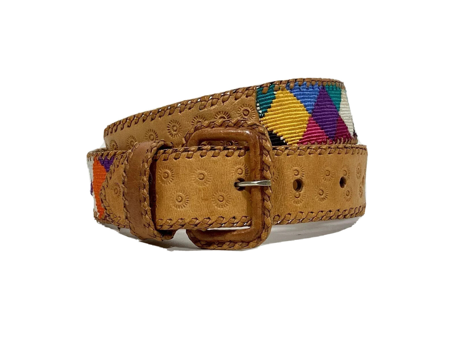 Vintage 1990’s COLORFUL woven cotton and punched leather belt Ctrl. Am. handmade
