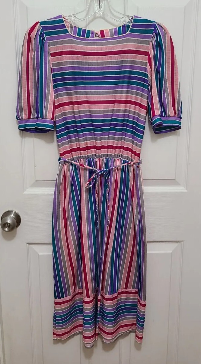 Vtg 70s Byer Too! Short Puff sleeve Midi Dress Elastic Tie Waist Striped Size 7