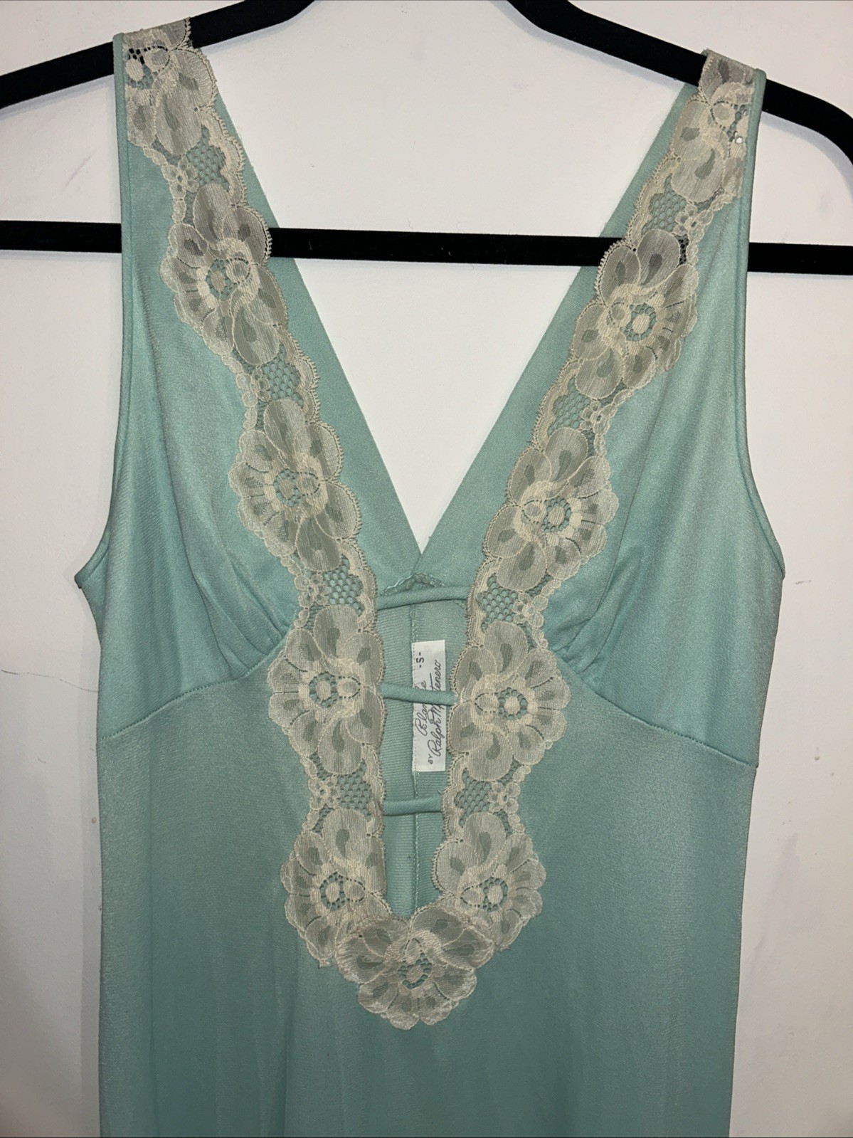 Blanche Ralph Montenero Seafoam Blue Slip Dress Lingerie Small Low V Lace Vtg