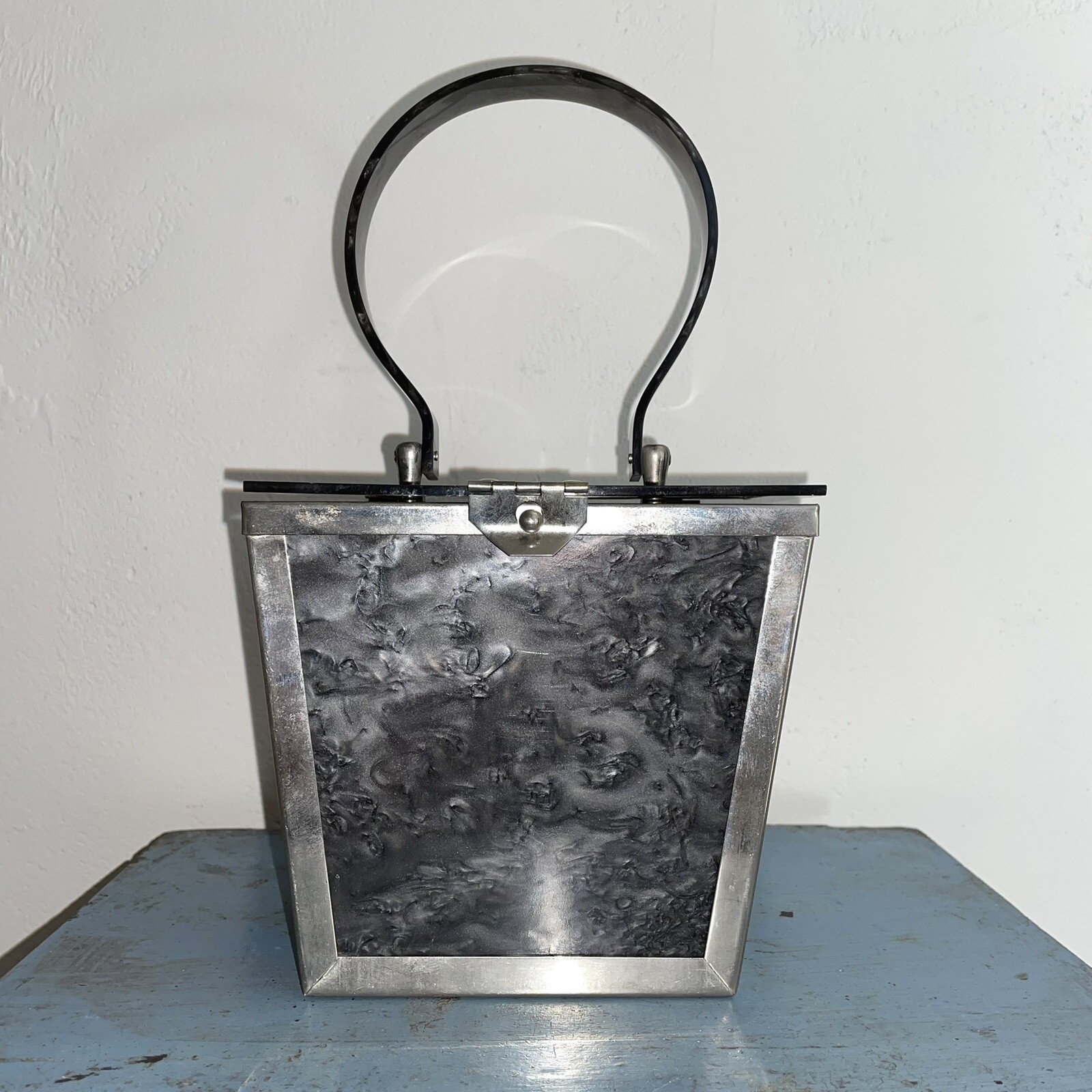 Vtg MCM Charcoal Gray Lucite Box Purse Bag, Marbleized, Pearlized, Silver Frame