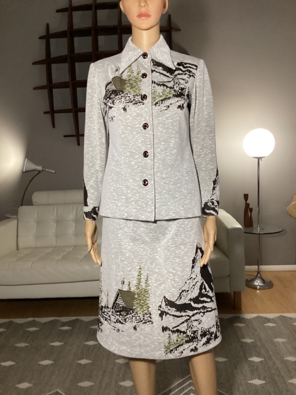 Vintage 70s Poly Knit Skirt & Jacket Set Mountain Ski Lodge Print Women’s Sz 34