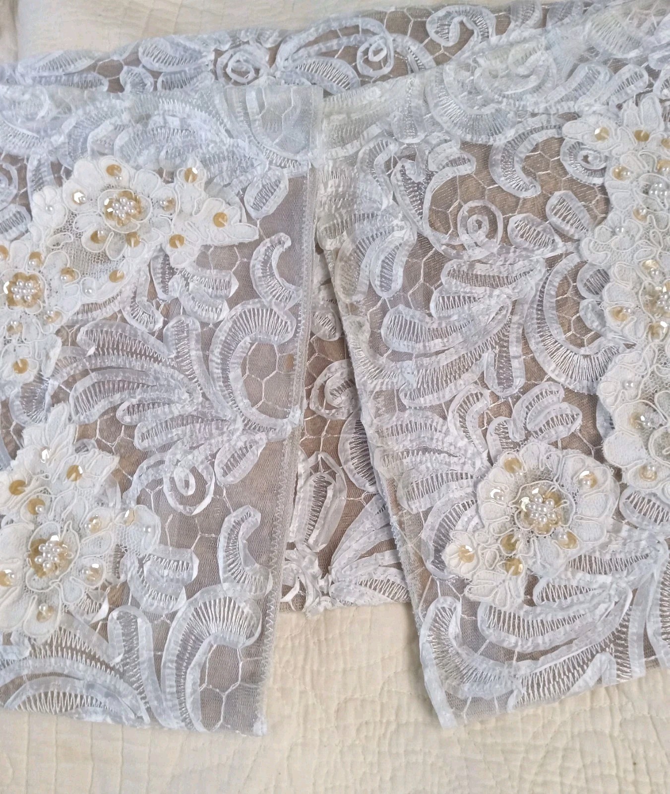 OOAK Womens Lace Shoulder Wrap 50″ Vintage Hand Made Beaded Beige-White Wedding