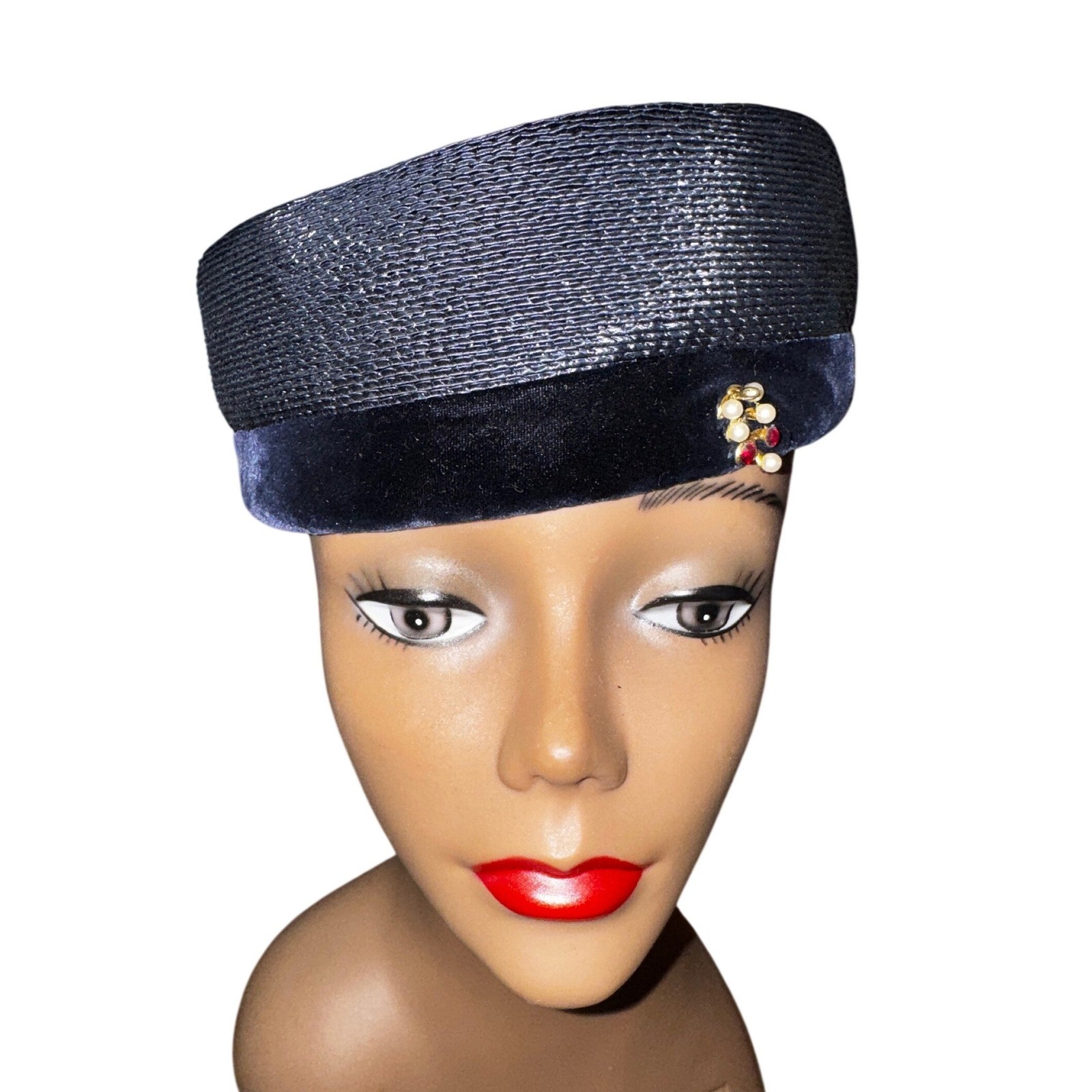 Vintage Green Room Millinery Bloomingdales Navy Velvet Straw Pillbox Hat Brooch