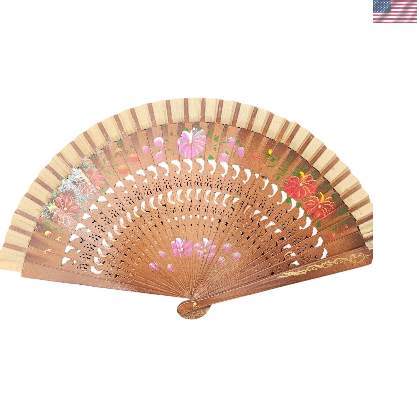 Floral Vintage Spanish Folding Fan Doubled-Side Flower Wood Fan for Wedding P…