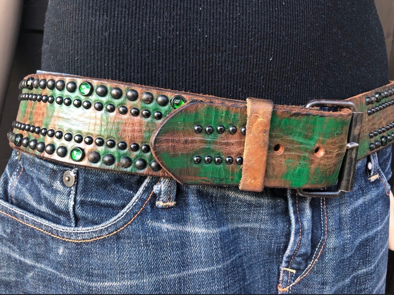 JOED Army Green Leather Belt Upcycled Made In Usa. Wide Size 36
