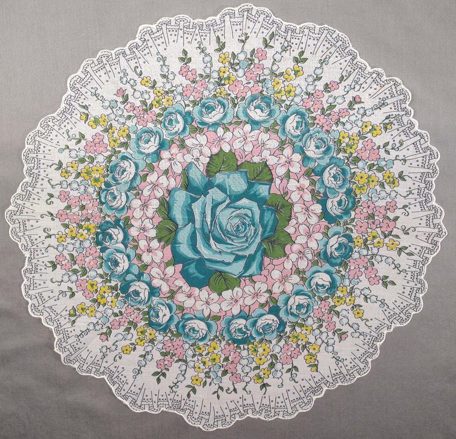 Vtg Hankie 13.5″ round teal blue roses pink flowers scalloped border CL