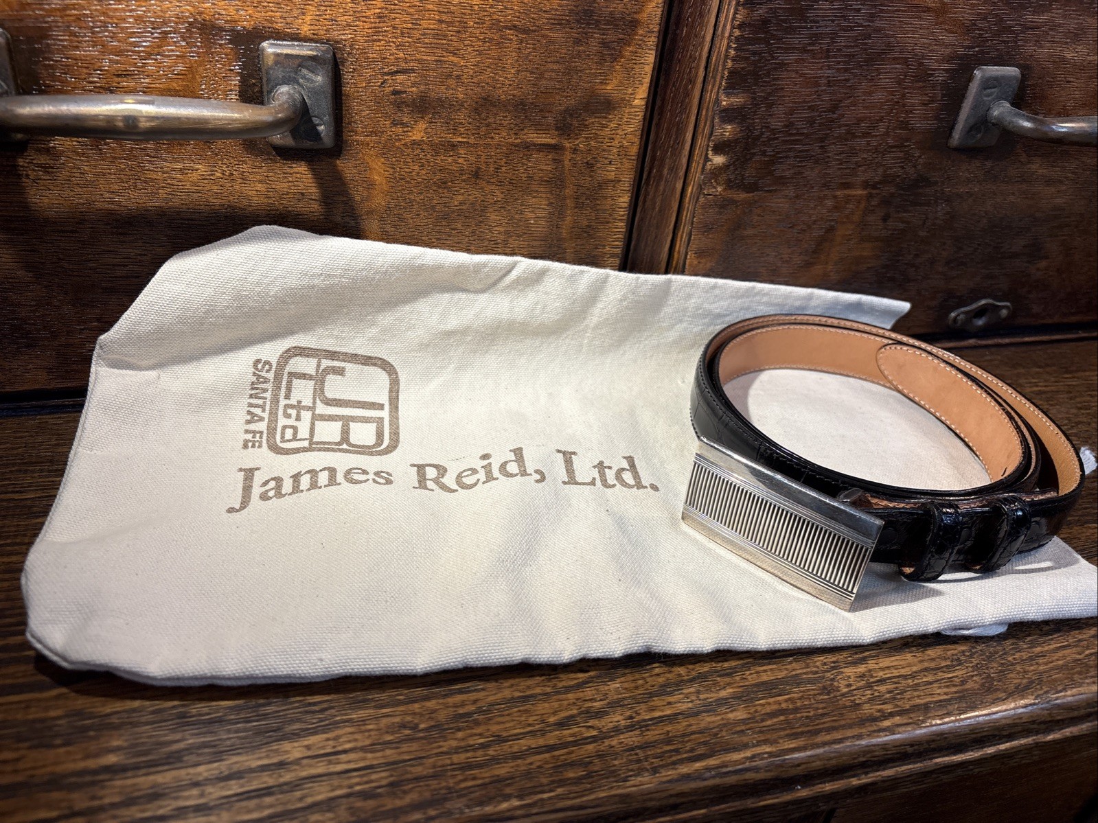 James Reid Ltd Belt w/Handmade Sterling Buckle 2.5”x 1.5” Alligator 36“L 1”W